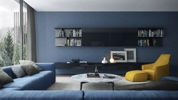 Living Room Interior With Dark Blue Wallpaper
