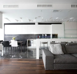 Dark floor kitchen living room design