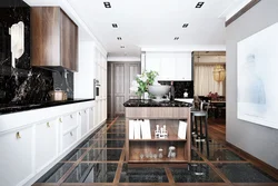 Dark floor kitchen living room design