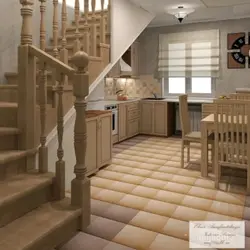 Дизайн кухни гостиной с лестницей в современном стиле