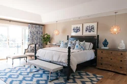 Bedroom interior in beige and blue tones