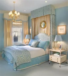 Bedroom interior in beige and blue tones