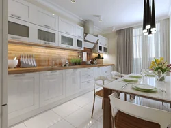 Corner white kitchen with wooden countertop photo in the interior