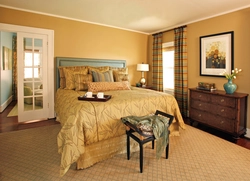 What colors goes with brown in a bedroom interior photo