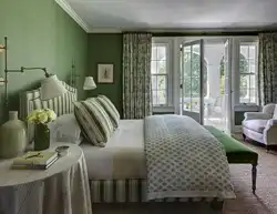 Olive curtains in the bedroom interior photo