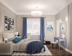 Bedroom design in beige and blue tones