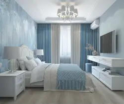 Дызайн спальні ў бэжава блакітных танах