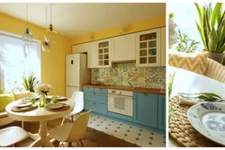 What colors does yellow go with in the kitchen interior?