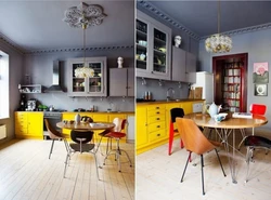 What color goes with yellow in the kitchen interior photo how