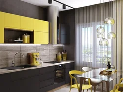 What color goes with yellow in the kitchen interior photo how
