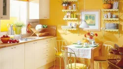 What color goes with yellow in the kitchen interior photo how