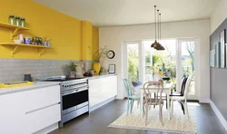 Kitchen Interior With Yellow Wallpaper