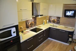 Corner kitchen design with refrigerator and TV photo