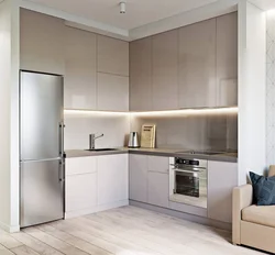 Corner Kitchen Design With Refrigerator And TV Photo