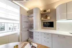 Corner Kitchen Design With Refrigerator And TV Photo