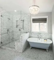 Душ және ванна фотосуреті бар ванна бөлмесінің дизайн жобасы