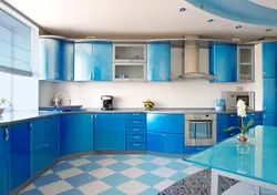 Blue kitchen with white fittings photo