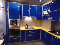 Blue kitchen with white fittings photo