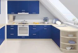 Blue kitchen with white fittings photo