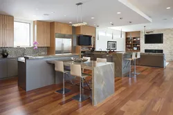 Design of a living room combined with a kitchen with an island