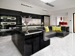 Design of a living room combined with a kitchen with an island