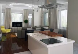 Дизайн гостиной совмещенной с кухней с островом