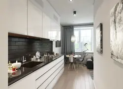 Long kitchen design with sofa