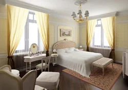 Угловая спальня с двумя окнами дизайн