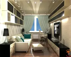 Дизайн длинной гостиной с окнами