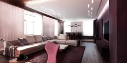 Long living room design with windows
