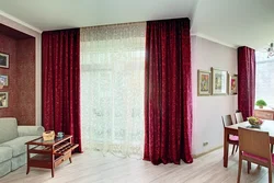 Burgundy color curtains in the living room interior