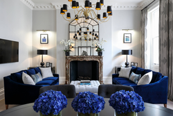 Living Room With Blue Sofa Design Photo