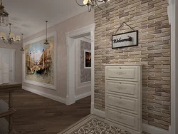 Hallway design with decorative brick and wallpaper