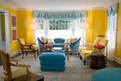 What color goes with yellow in the living room interior