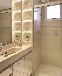 Bath design with built-in shelves