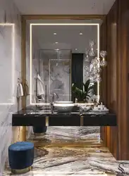 Bath interior with large mirror