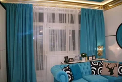 Turquoise sofa in the living room interior and curtains