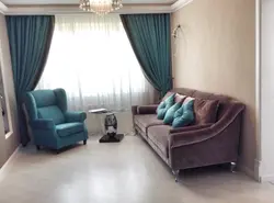Turquoise sofa in the living room interior and curtains