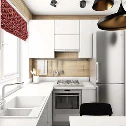 Interior of a small kitchen with a refrigerator photo