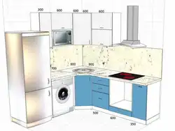Дызайн маленькай кухні кутняй з халадзільнікам і пральнай машынай