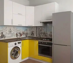 Design Of A Small Corner Kitchen With A Refrigerator And Washing Machine