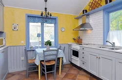 Жоўты блакітны інтэр'ер кухні