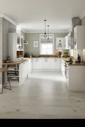 White walls and white floor in the kitchen interior