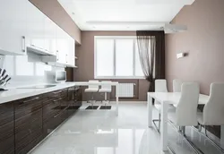 White walls and white floor in the kitchen interior