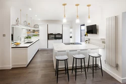 White walls and white floor in the kitchen interior