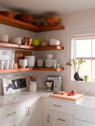 Kitchen with shelves instead of cabinets photo in the interior