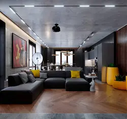 Дизайн гостиной темный потолок