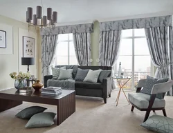 Living room design with gray sofa and curtains