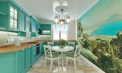 Голубой потолок дизайн кухни