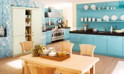 Kitchen With Blue Wallpaper Design